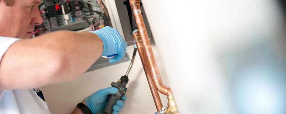 Water heater repair technician testing copper pipe connections and controls in Modesto, CA